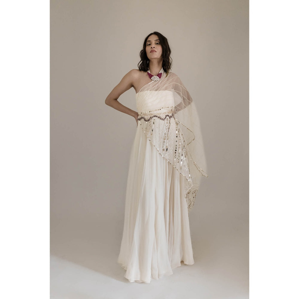 Neha Tarun Ivory Full Length Gown with Attached Drape and Belt (Set of 2)