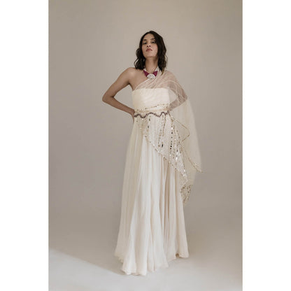 Neha Tarun Ivory Full Length Gown with Attached Drape and Belt (Set of 2)
