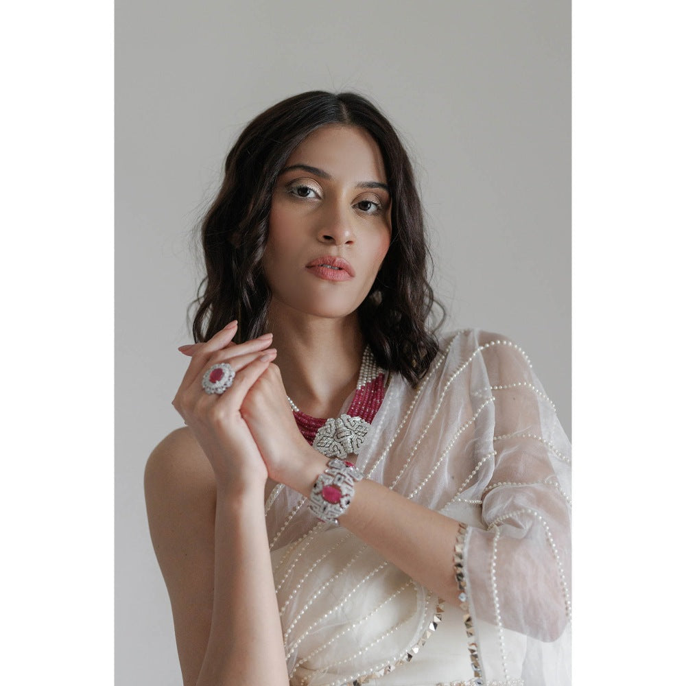 Neha Tarun Ivory Full Length Gown with Attached Drape and Belt (Set of 2)