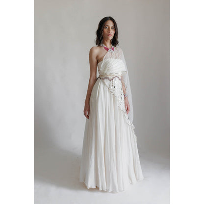 Neha Tarun Ivory Full Length Gown with Attached Drape and Belt (Set of 2)
