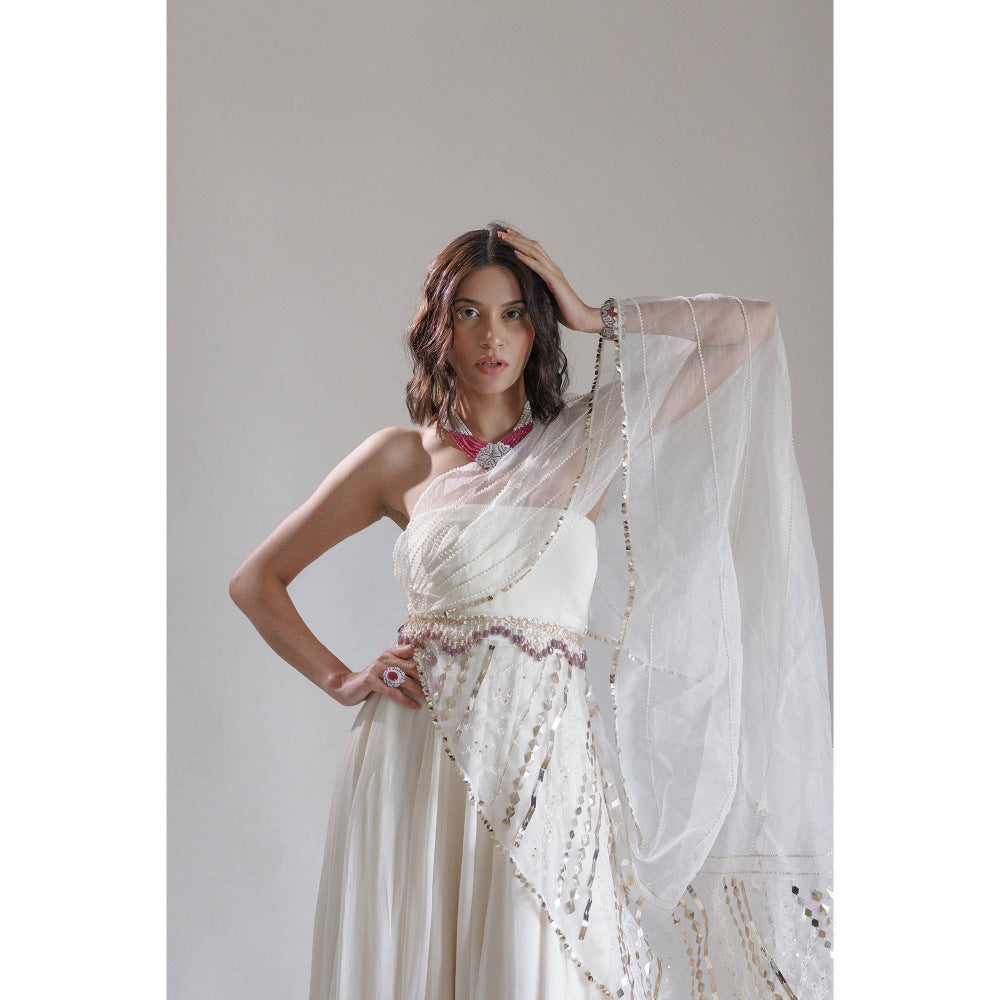 Neha Tarun Ivory Full Length Gown with Attached Drape and Belt (Set of 2)