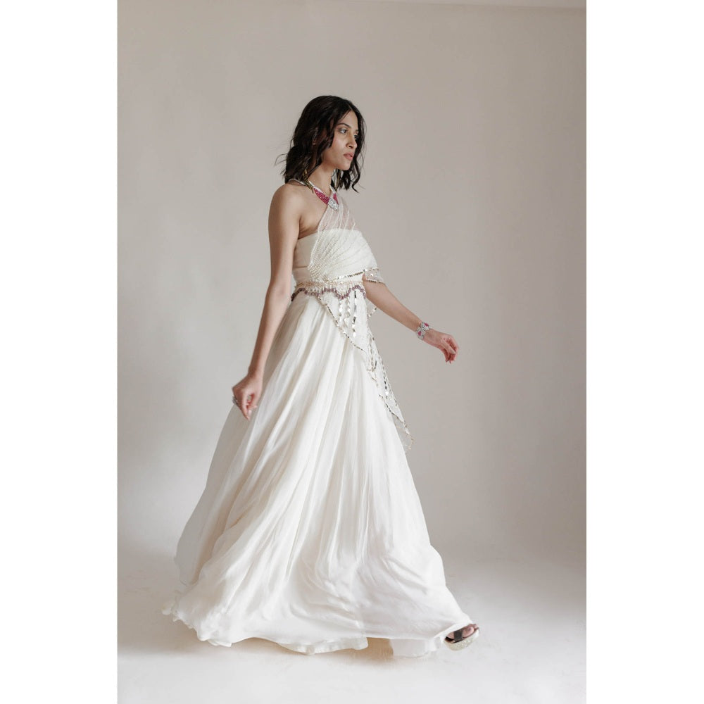 Neha Tarun Ivory Full Length Gown with Attached Drape and Belt (Set of 2)