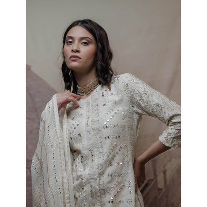 Neha Tarun Off White Embroidered Kurta with Pant and Dupatta (Set of 3)