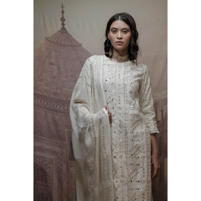 Neha Tarun Off White Embroidered Kurta with Pant and Dupatta (Set of 3)