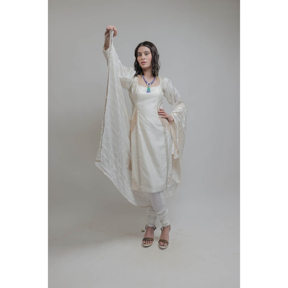 Neha Tarun Off White Embroidered Kurta with Churidar and Dupatta (Set of 3)