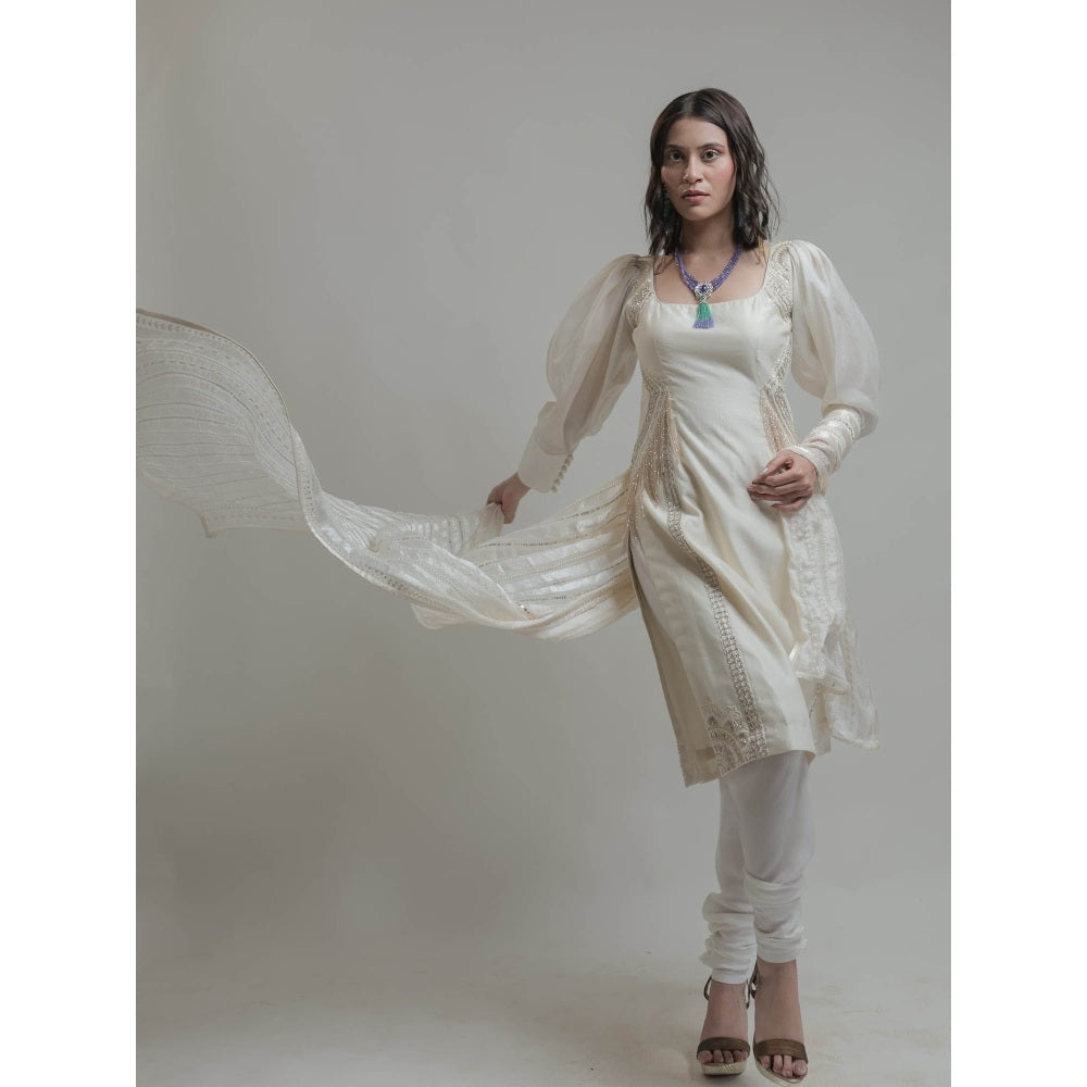 Neha Tarun Off White Embroidered Kurta with Churidar and Dupatta (Set of 3)