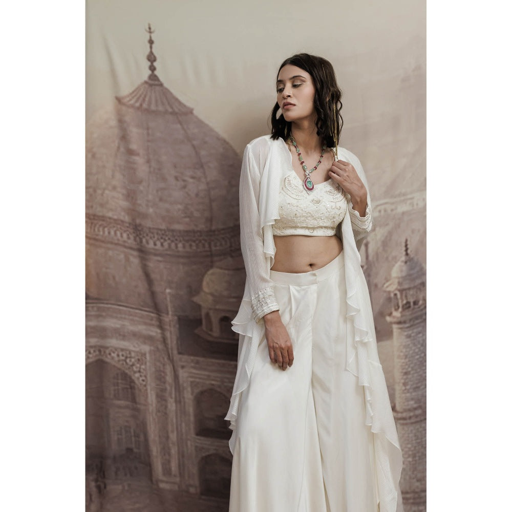 Neha Tarun Ivory Embroidered Blouse with Palazzo and Frill Jacket (Set of 3)