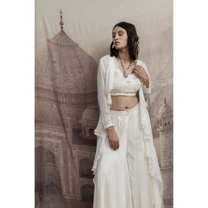 Neha Tarun Ivory Embroidered Blouse with Palazzo and Frill Jacket (Set of 3)
