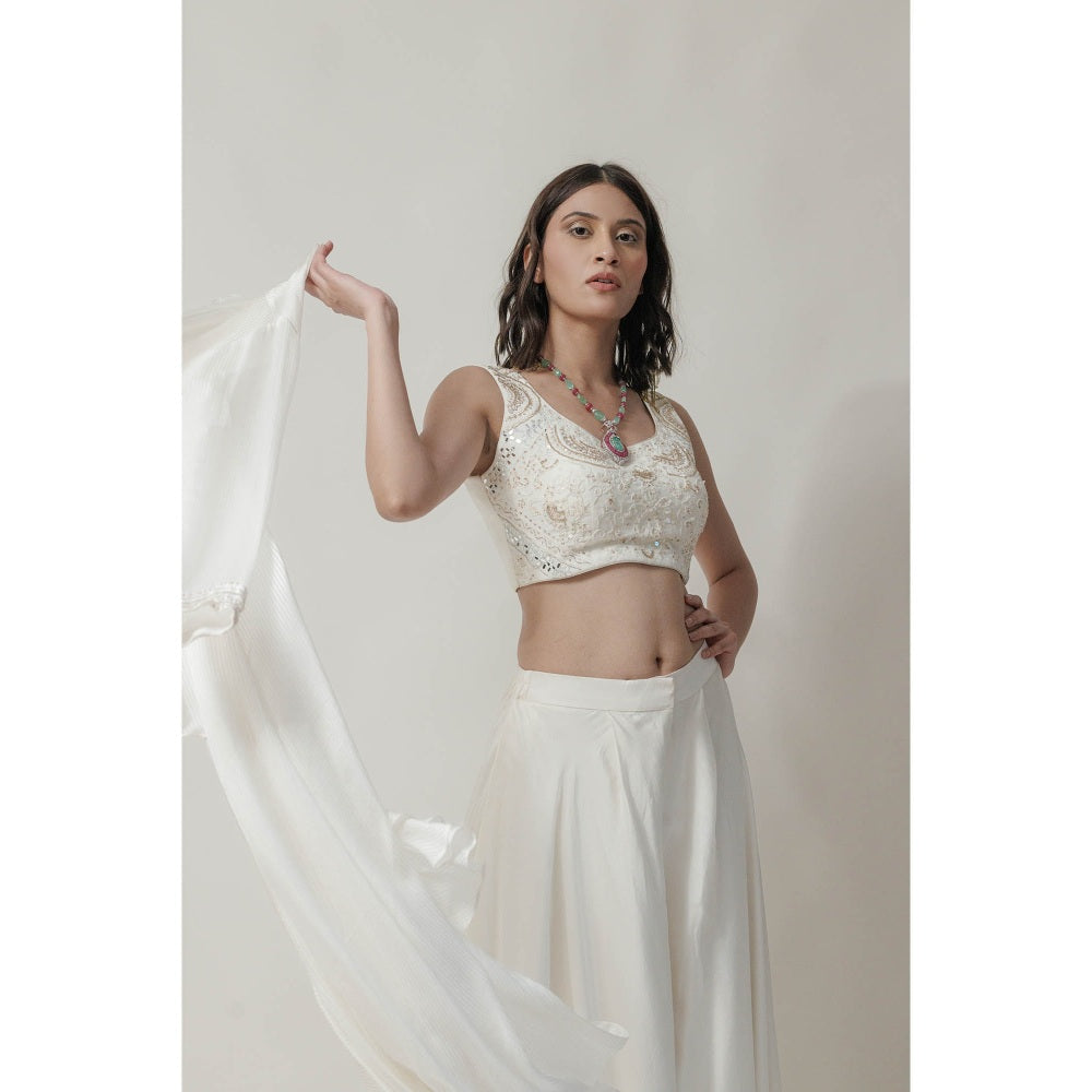 Neha Tarun Ivory Embroidered Blouse with Palazzo and Frill Jacket (Set of 3)
