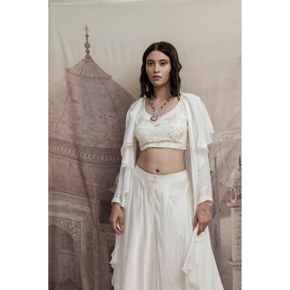 Neha Tarun Ivory Embroidered Blouse with Palazzo and Frill Jacket (Set of 3)