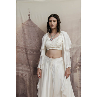 Neha Tarun Ivory Embroidered Blouse with Palazzo and Frill Jacket (Set of 3)