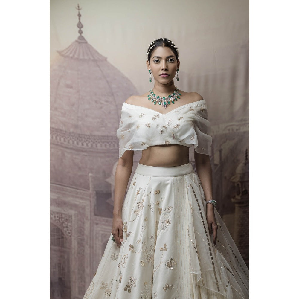 Neha Tarun Ivory Multi Layered Lehenga with Off Shoulder Blouse (Set of 2)