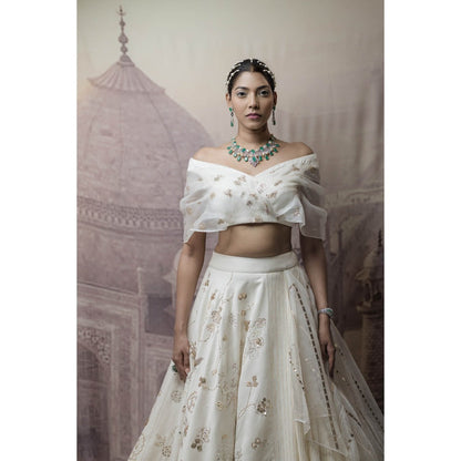 Neha Tarun Ivory Multi Layered Lehenga with Off Shoulder Blouse (Set of 2)