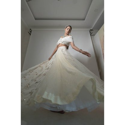 Neha Tarun Ivory Multi Layered Lehenga with Off Shoulder Blouse (Set of 2)