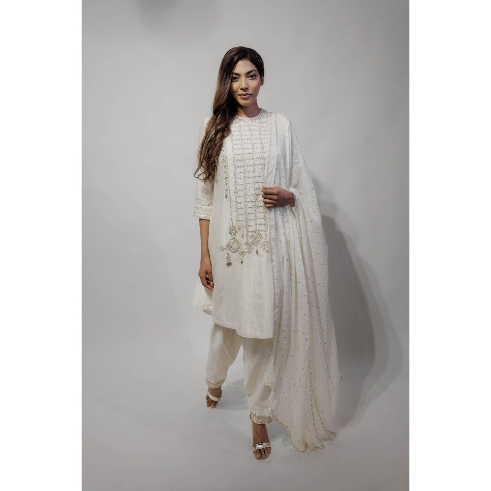 Neha Tarun Ivory A-Line Kurta with Pakistani Salwar and Dupatta (Set of 3)