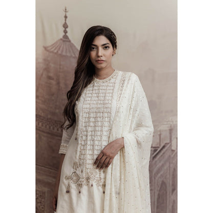 Neha Tarun Ivory A-Line Kurta with Pakistani Salwar and Dupatta (Set of 3)