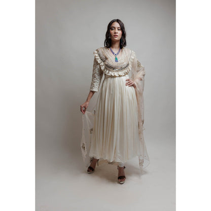 Neha Tarun Ivory Embroidered Anarkali with Churidar and Dupatta (Set of 3)