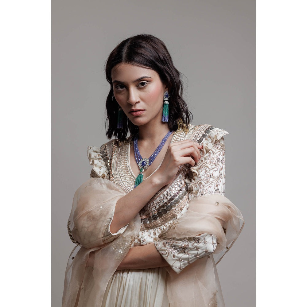 Neha Tarun Ivory Embroidered Anarkali with Churidar and Dupatta (Set of 3)