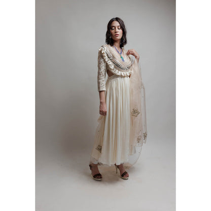 Neha Tarun Ivory Embroidered Anarkali with Churidar and Dupatta (Set of 3)