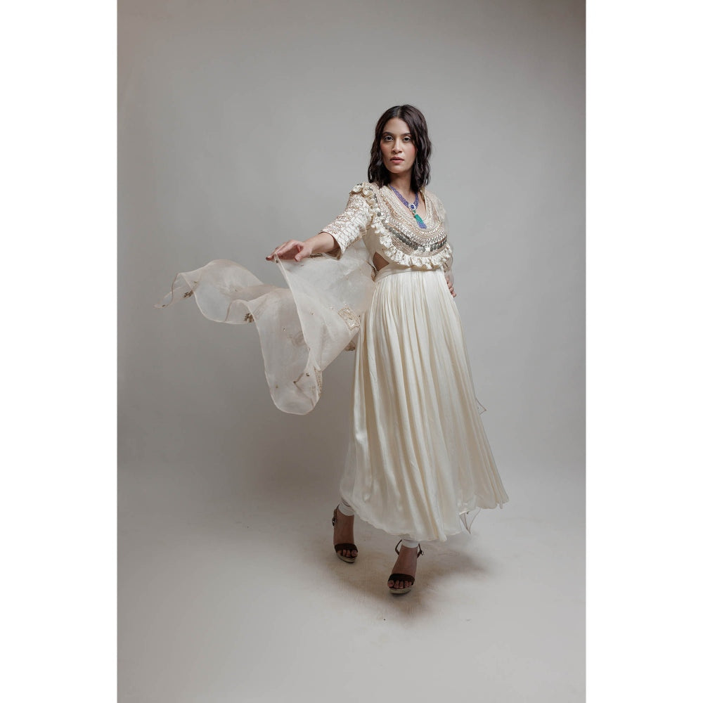 Neha Tarun Ivory Embroidered Anarkali with Churidar and Dupatta (Set of 3)