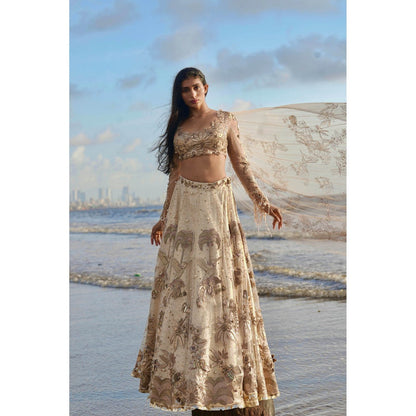 Neha Tarun Gold Embroidered Lehenga with Blouse and Dupatta (Set of 3)