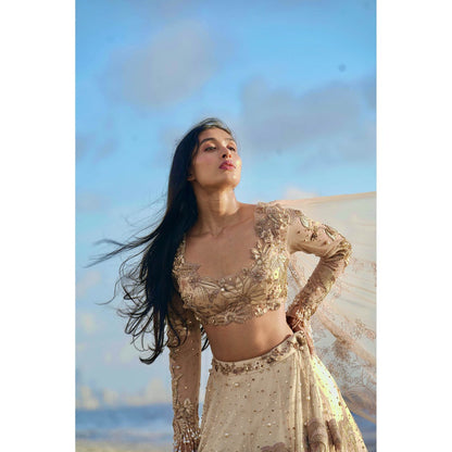 Neha Tarun Gold Embroidered Lehenga with Blouse and Dupatta (Set of 3)