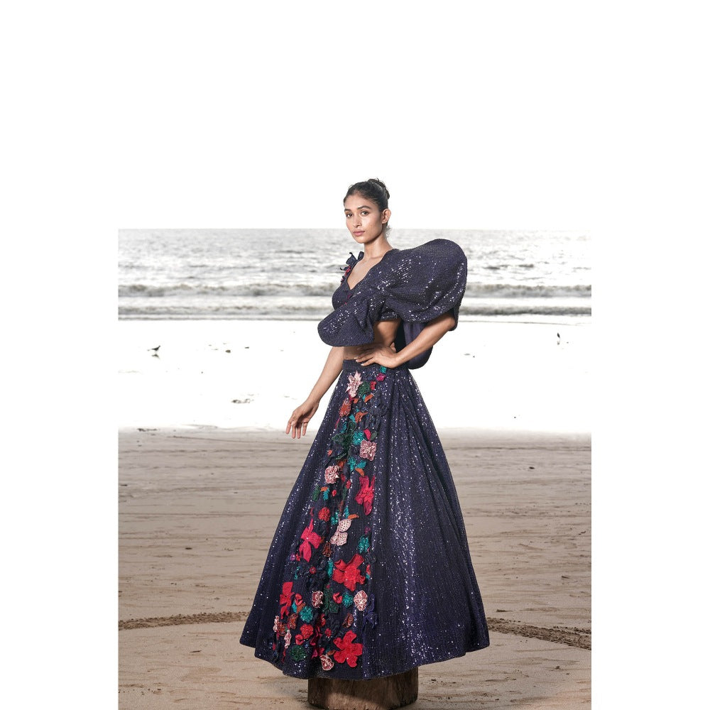 Neha Tarun Blue Sequenced Patchwork Lehenga with Blouse (Set of 2)