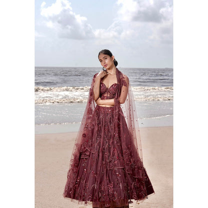Neha Tarun Burgundy Embroidered Lehenga with Blouse and Dupatta (Set of 3)