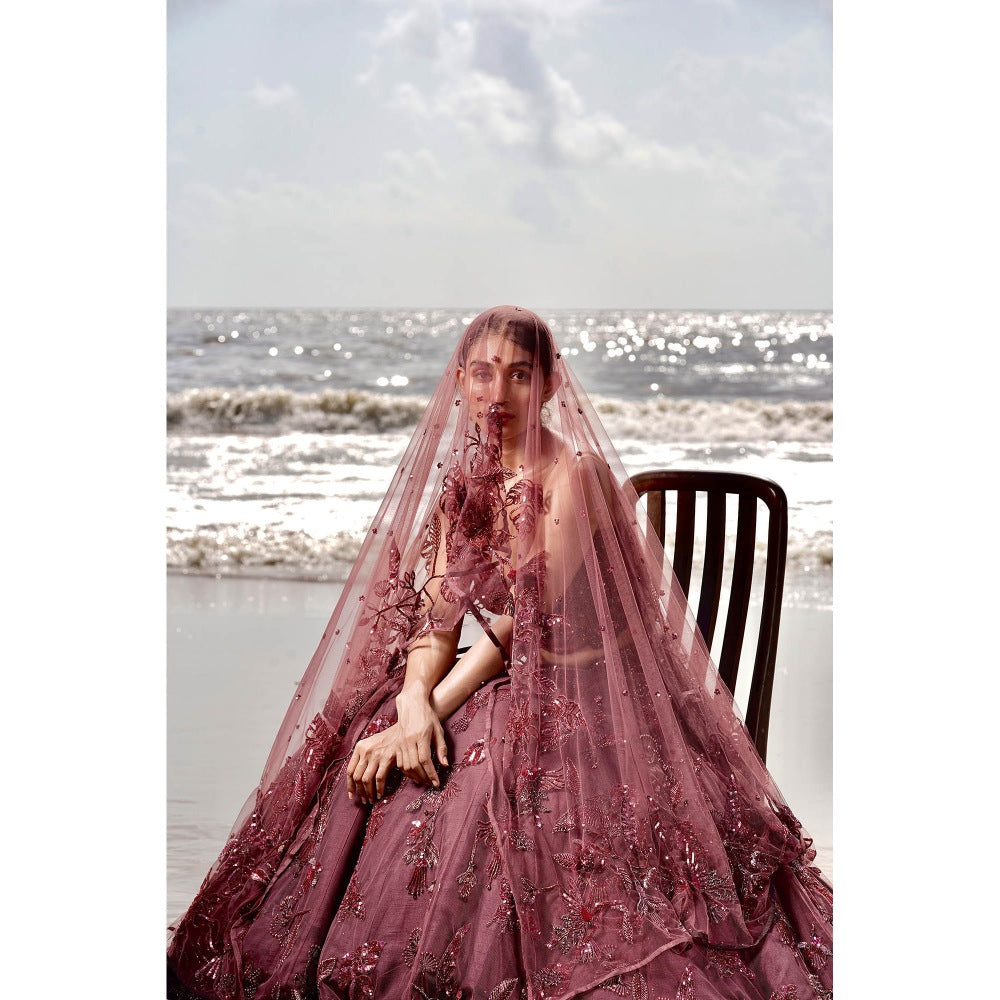 Neha Tarun Burgundy Embroidered Lehenga with Blouse and Dupatta (Set of 3)