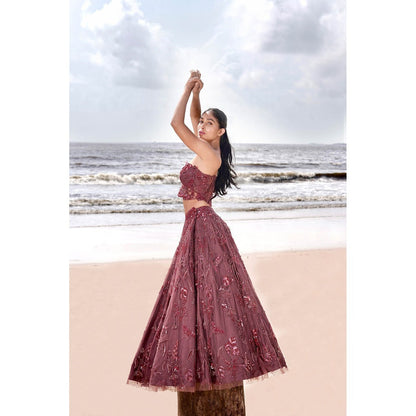Neha Tarun Burgundy Embroidered Lehenga with Blouse and Dupatta (Set of 3)