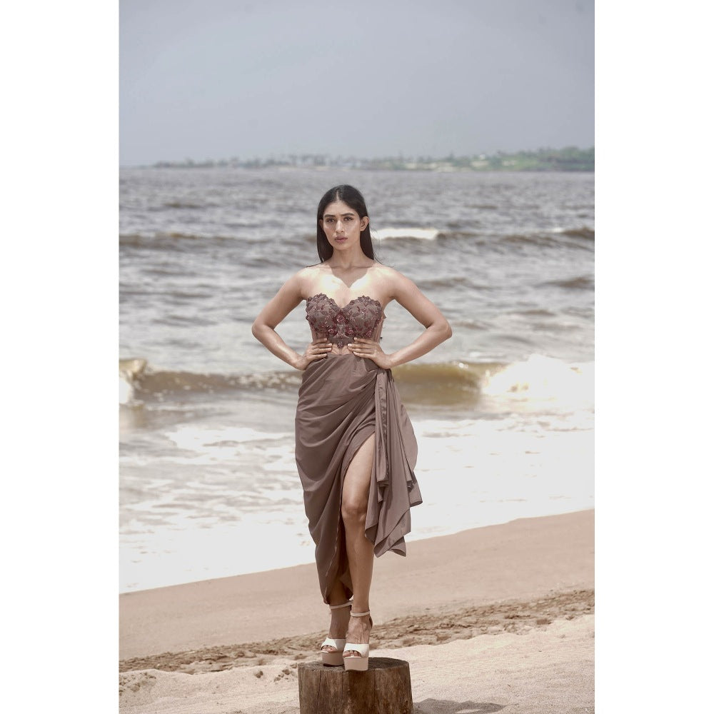 Neha Tarun Taupe Embroidered Yoke Drape Slit Dress