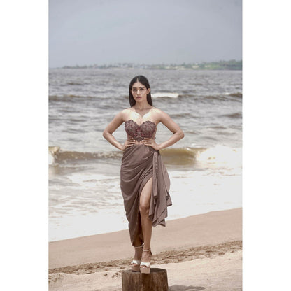 Neha Tarun Taupe Embroidered Yoke Drape Slit Dress