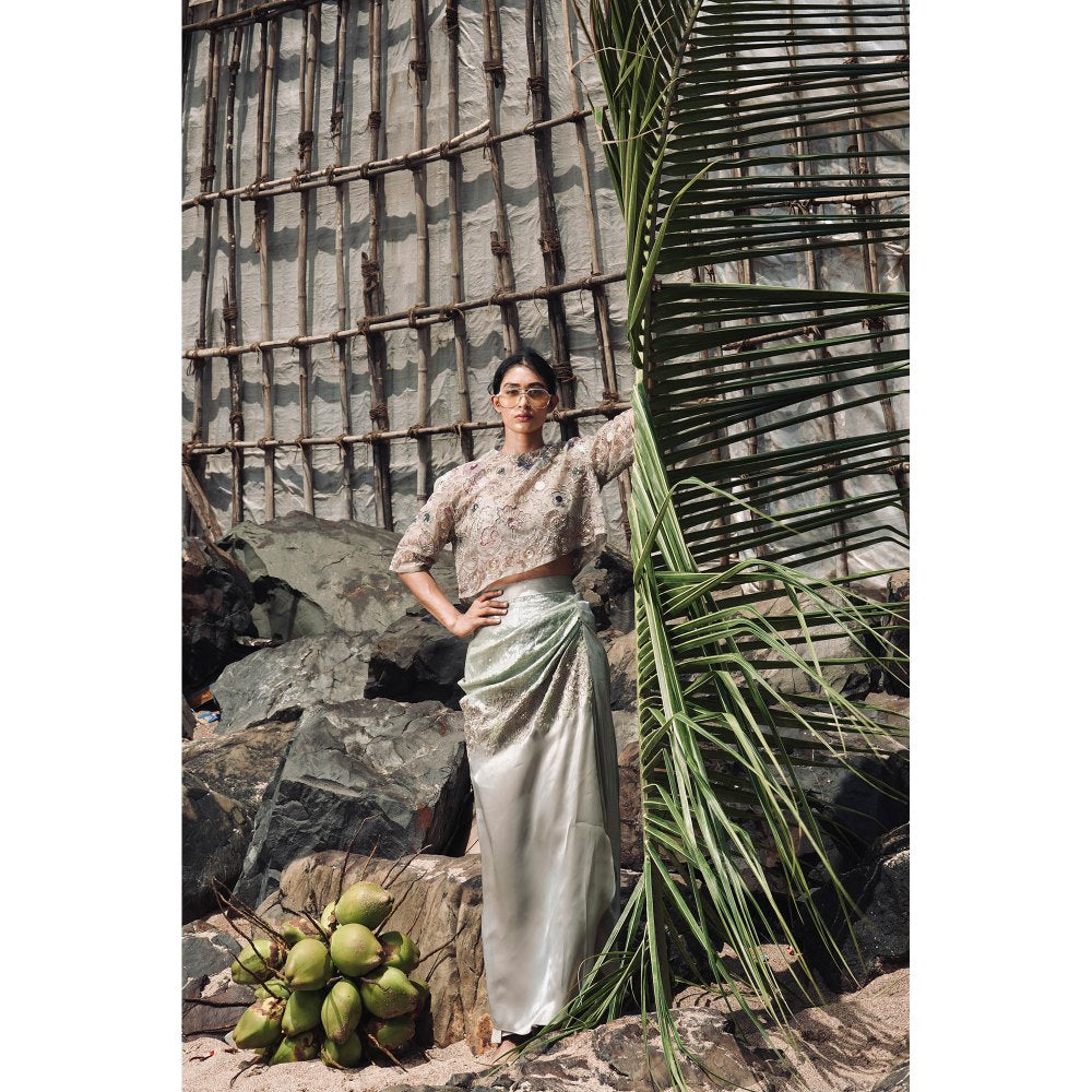 Neha Tarun Green Embroidered Drape Slit Skirt with Crop Top (Set of 2)