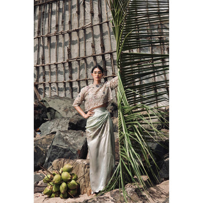 Neha Tarun Green Embroidered Drape Slit Skirt with Crop Top (Set of 2)