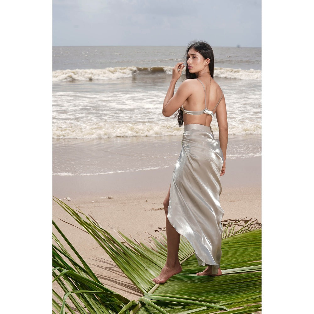 Neha Tarun Green Embroidered Drape Slit Skirt with Crop Top (Set of 2)