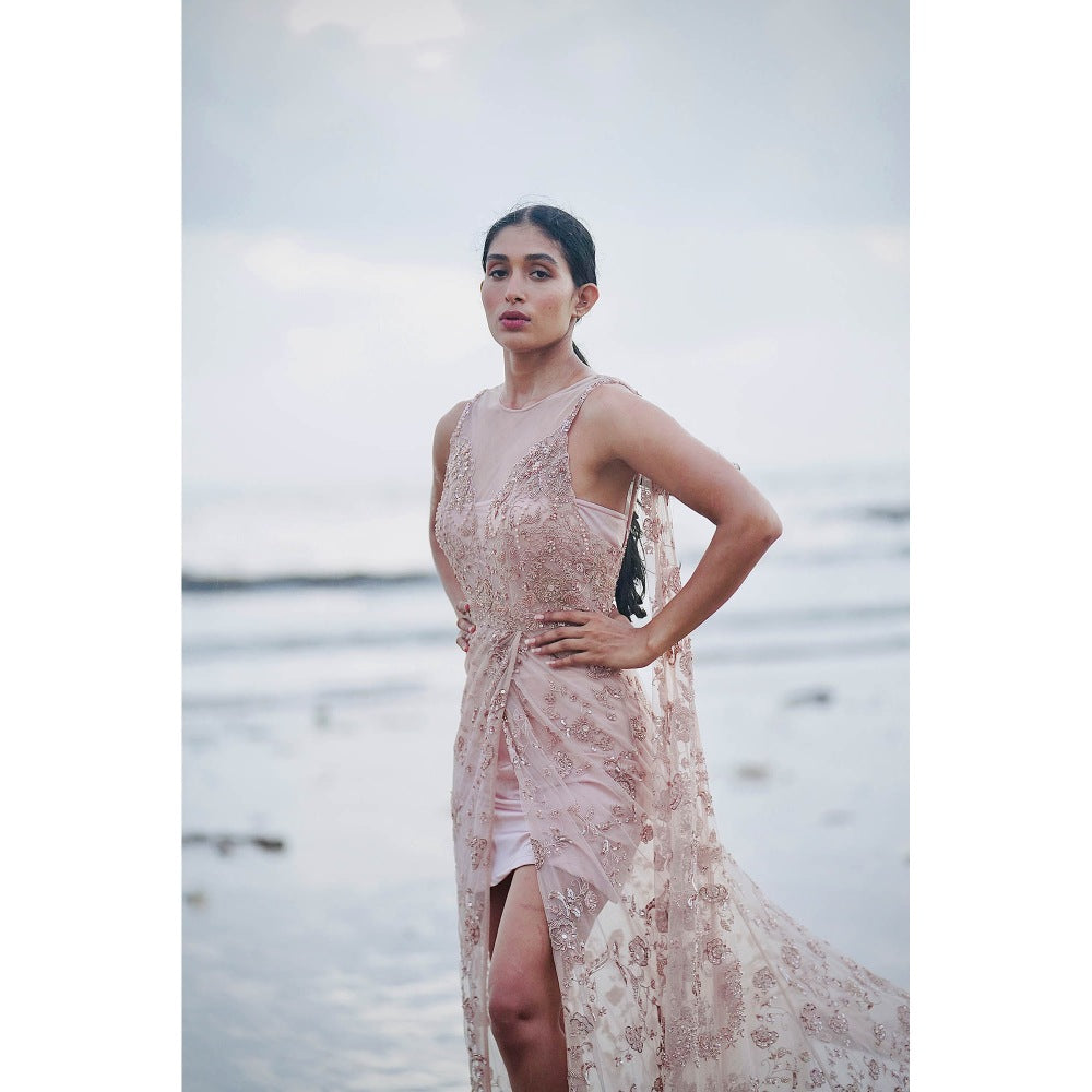 Neha Tarun Pink Embroidered Tulle Gown with Attached Drape