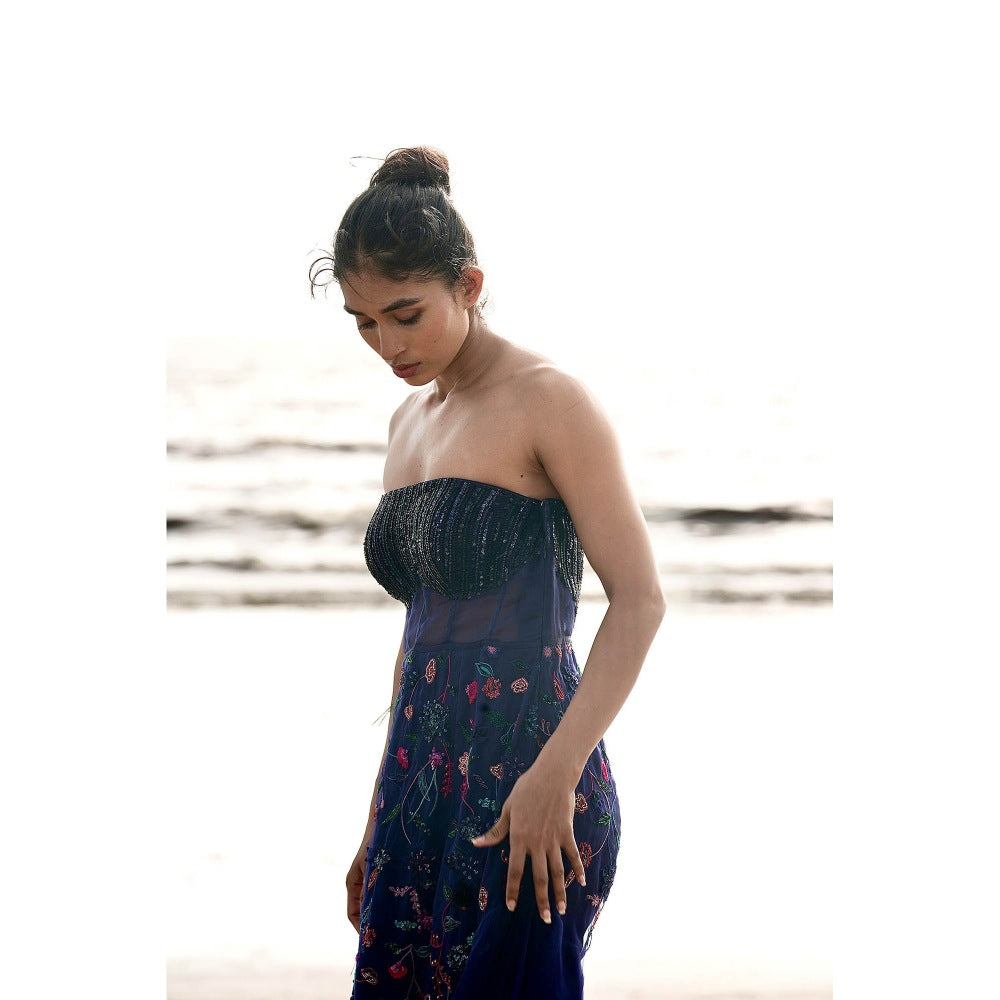 Neha Tarun Navy Blue Floral Patchwork Gown with Cape (Set of 2)