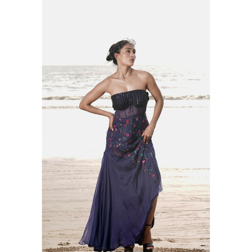 Neha Tarun Navy Blue Floral Patchwork Gown with Cape (Set of 2)