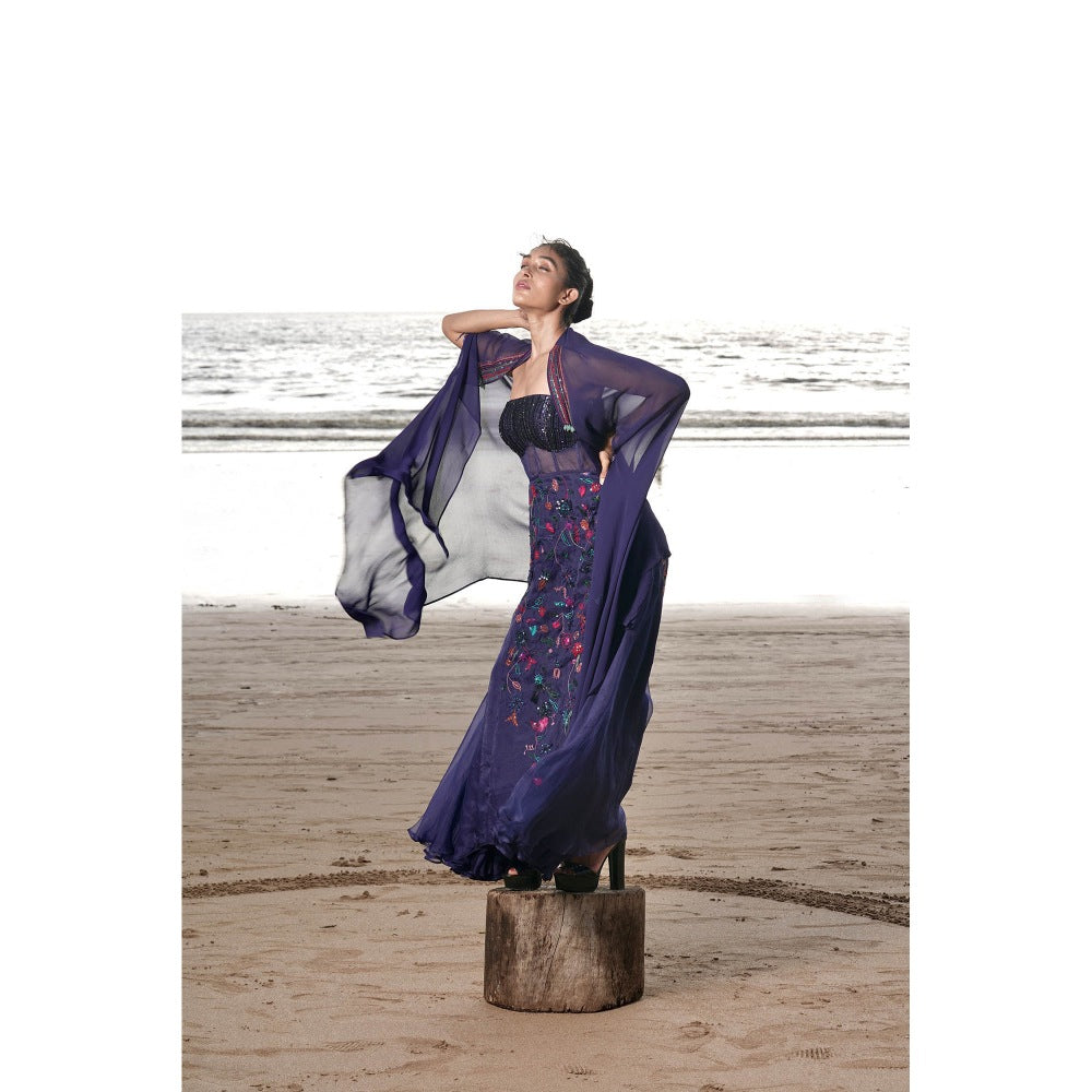 Neha Tarun Navy Blue Floral Patchwork Gown with Cape (Set of 2)