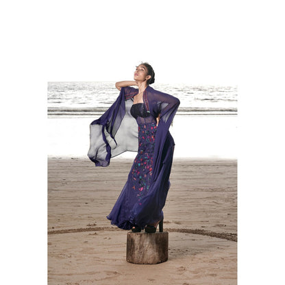 Neha Tarun Navy Blue Floral Patchwork Gown with Cape (Set of 2)