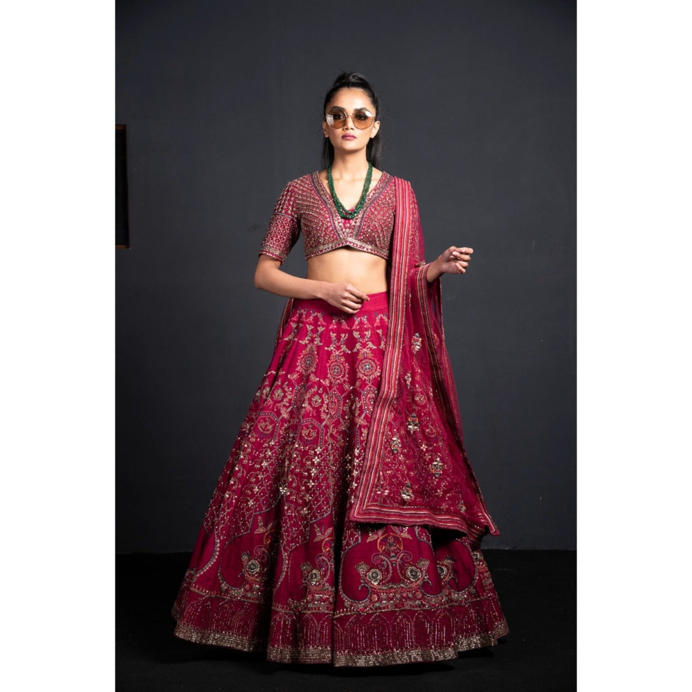 Neha Tarun Wine Lehenga with Blouse and Dupatta (Set of 3)
