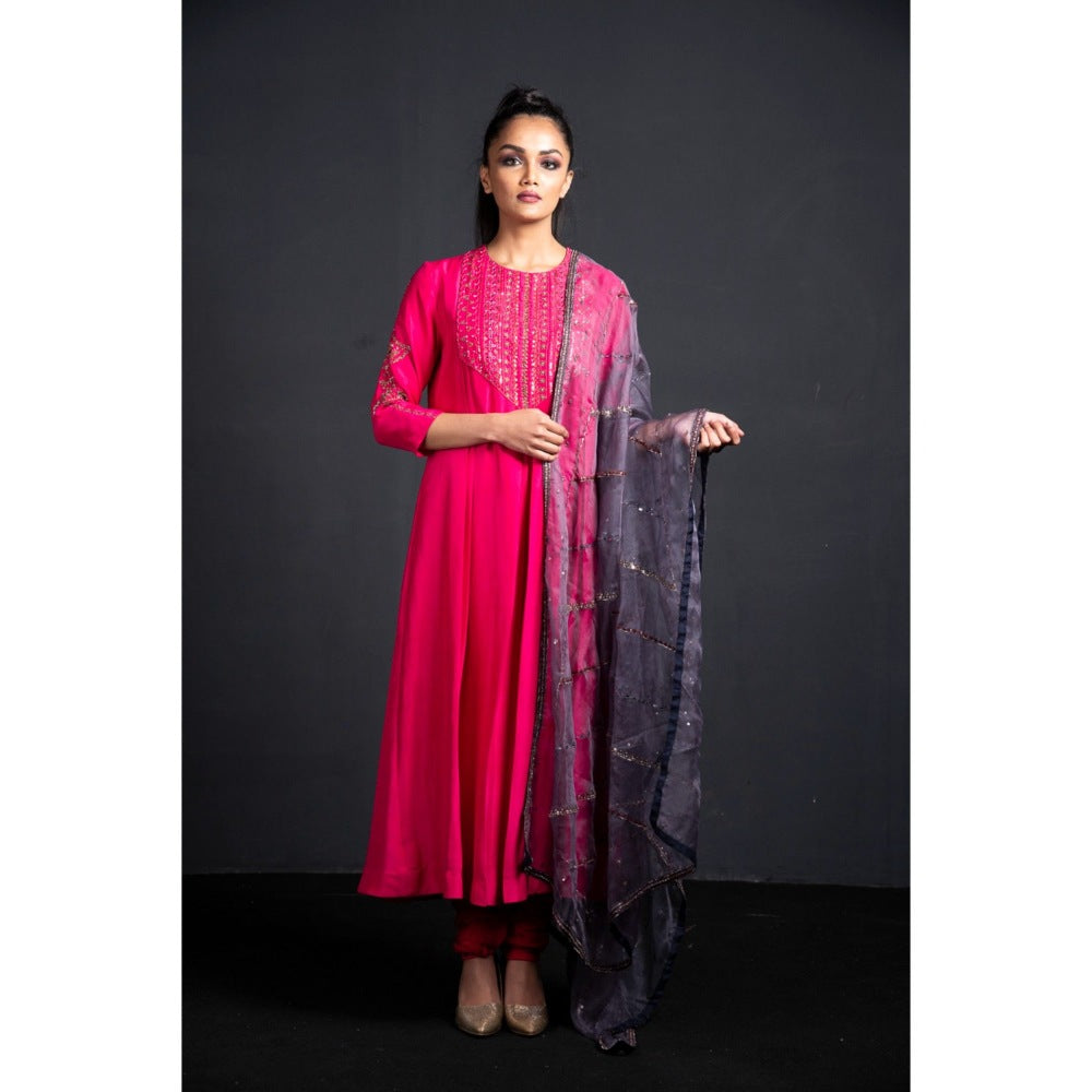 Neha Tarun Pink Pleated Anarkali with Churidar and Dupatta (Set of 3)