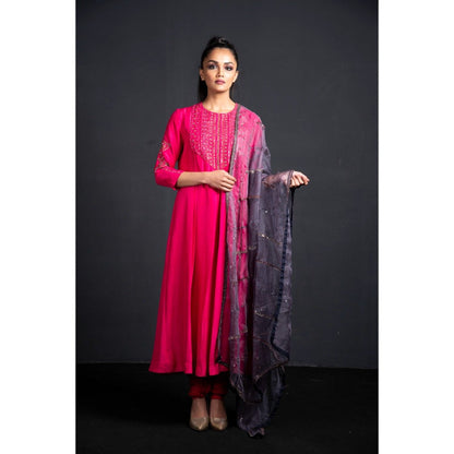Neha Tarun Pink Pleated Anarkali with Churidar and Dupatta (Set of 3)