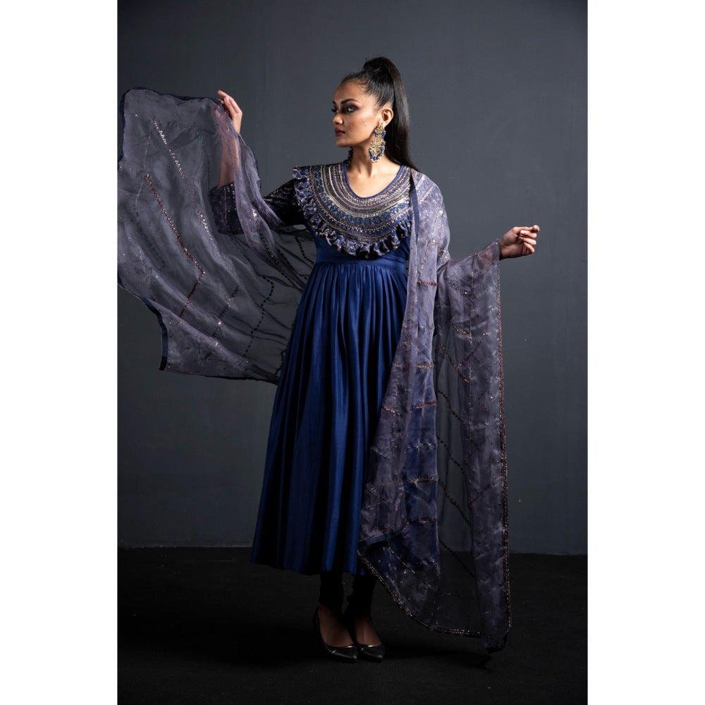 Neha Tarun Blue Embroidered Anarkali with Churidar and Dupatta (Set of 3)