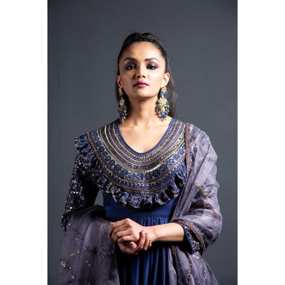 Neha Tarun Blue Embroidered Anarkali with Churidar and Dupatta (Set of 3)