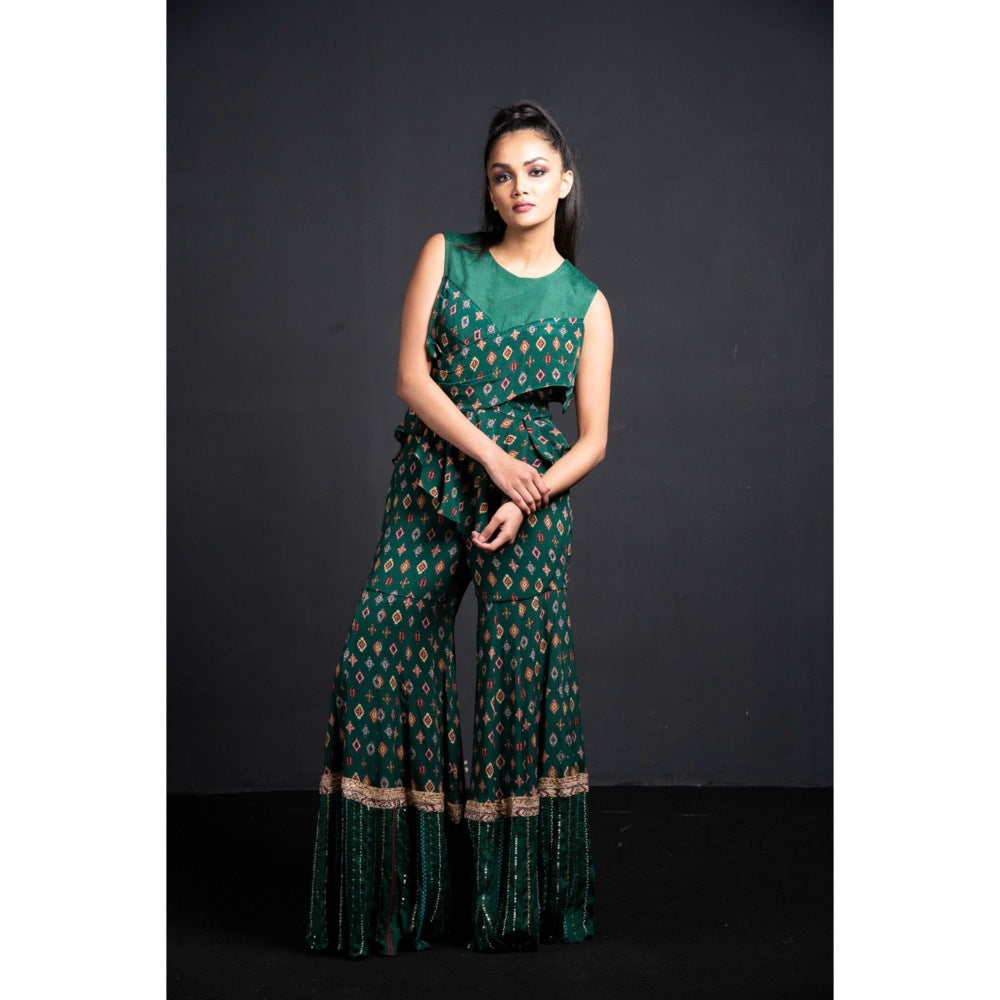 Neha Tarun Green Layered Top with Sharara and Jacket (Set of 3)