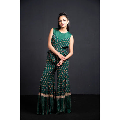 Neha Tarun Green Layered Top with Sharara and Jacket (Set of 3)