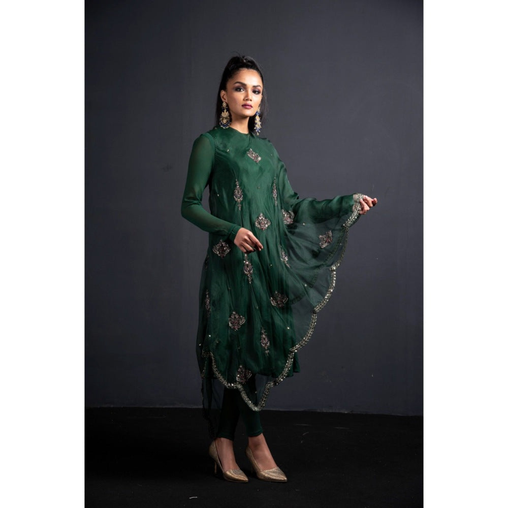 Neha Tarun Green Short Anarkali with Embroidered Diagonal Cape and Churidar (Set of 3)