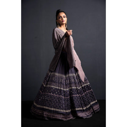 Neha Tarun Grey Kaftan with Embroidered Lehenga (Set of 2)