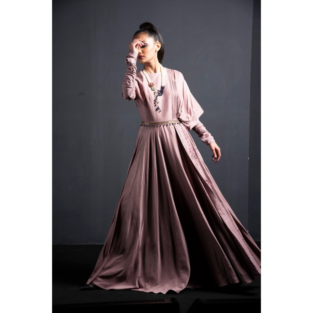 Neha Tarun Pink Gown with Attached Drape and Belt (Set of 2)